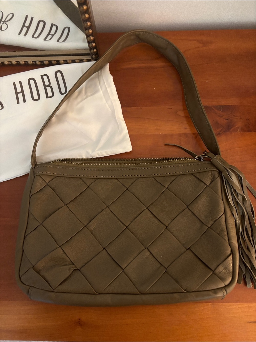 HOBO Olive Green Quilted Leather Shoulder Bag with Fringe Tassel